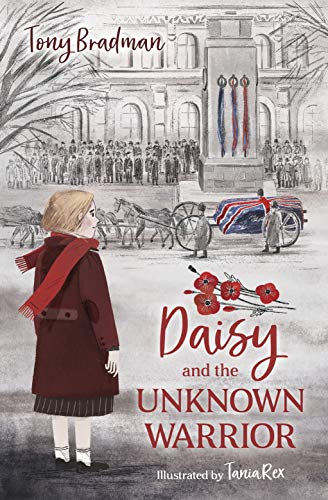 Book cover: girl in red coat facing war memorial with crowds.