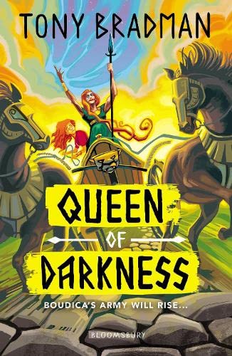 Book cover: warrior woman with chariot, horses, and bold title "Queen of Darkness.