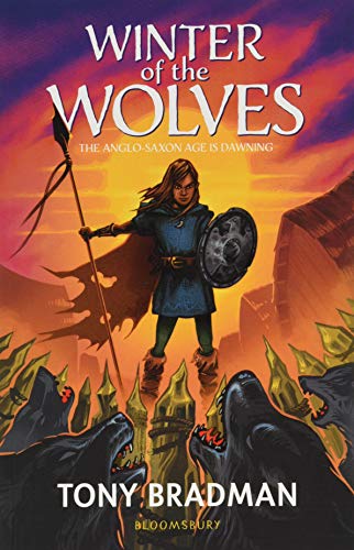 Book cover: Young warrior with shield stands before wolves and a fortress.