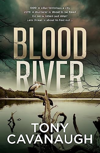 Book cover: “Blood River” with dark water, trees, and pelicans.