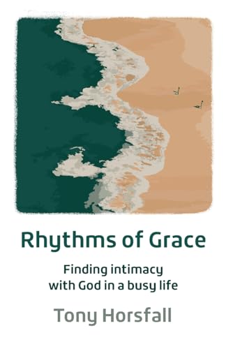 Book cover with abstract wave illustration and title “Rhythms of Grace.”