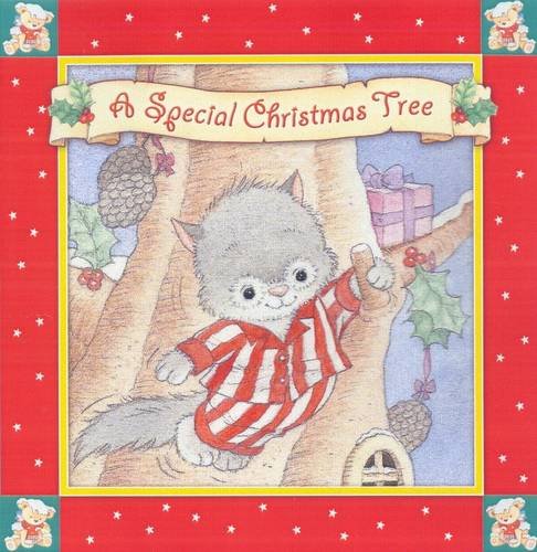 Illustration of a grey kitten in striped pajamas by a Christmas tree.