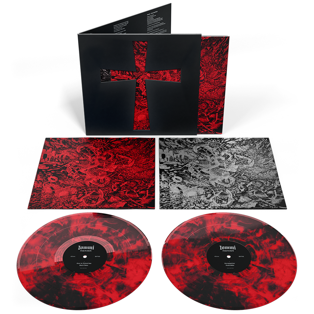 Red and black marbled vinyl records with album artwork featuring a cross.