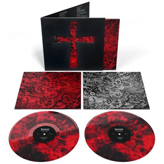 Red and black marbled vinyl records with album artwork featuring a cross.