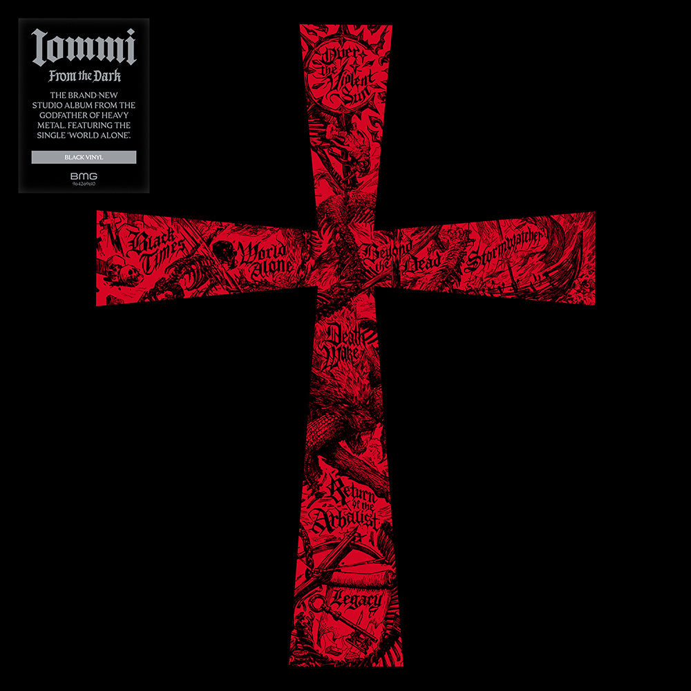 Black vinyl record cover featuring a red, ornate cross with text.