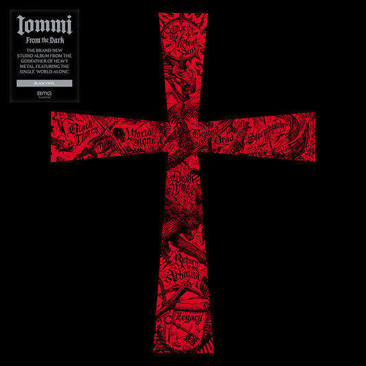 Black vinyl record cover featuring a red, ornate cross with text.