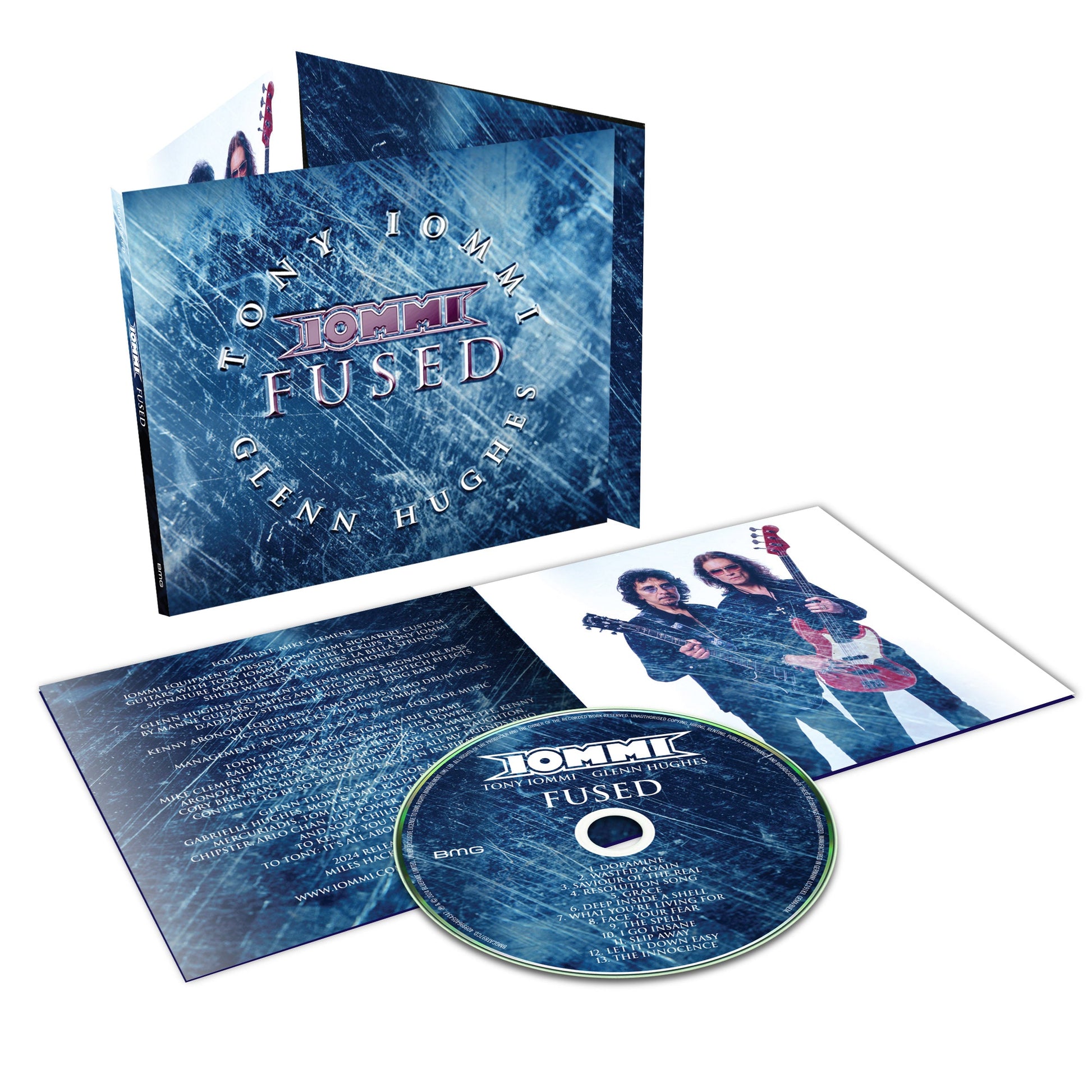 Tony Iommi Fused CD digipak featuring blue scratched artwork and a tracklist disc.