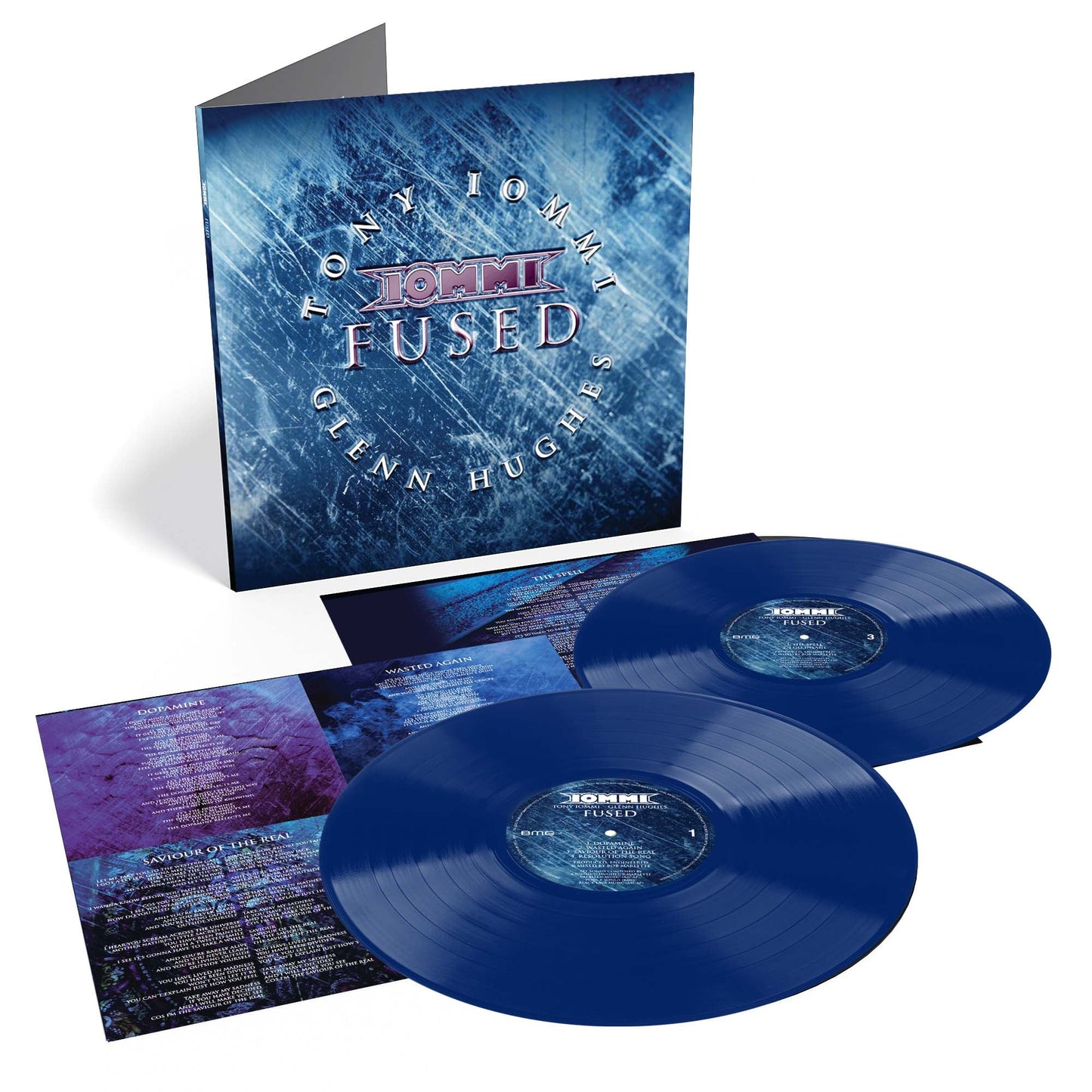 Tony Iommi “Fused” vinyl record with blue discs and album artwork.
