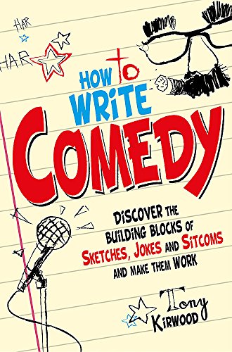 Book cover titled How To Write Comedy with hand-drawn illustrations on lined paper background.