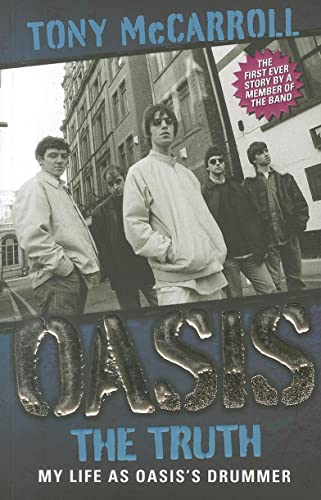 Book cover featuring a black and white photo of the band Oasis standing outdoors.