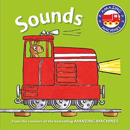 Red cartoon train with a dog driver on a green background.
