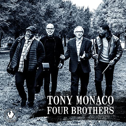 Four men walking outdoors, album cover for Tony Monaco’s “Four Brothers.”
