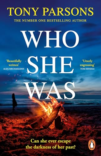 Book cover: "Who She Was" with a woman near a bonfire on a beach.