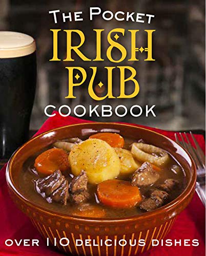 Irish pub cookbook cover with stew, Guinness, and text details.