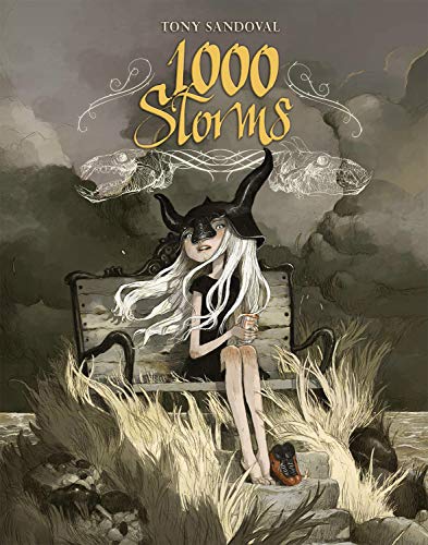 Book cover: girl with horns sits on a bench in tall grass.