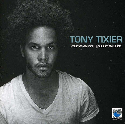 "Tony Tixier album cover featuring a black-and-white portrait of the artist against a dark background."