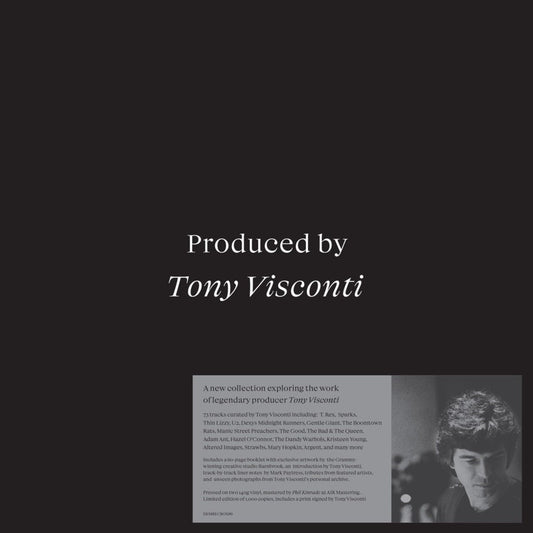 Album cover with white text Produced by Tony Visconti on a black background.