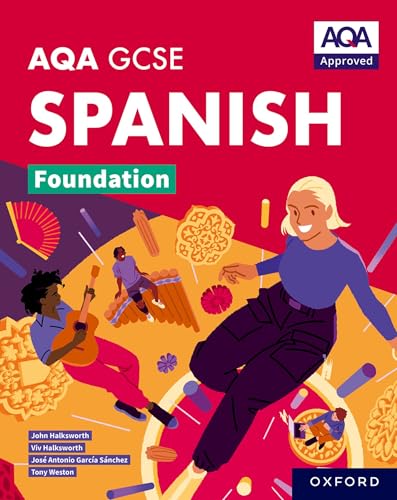 GCSE Spanish Foundation textbook cover with illustrated people and cultural items.