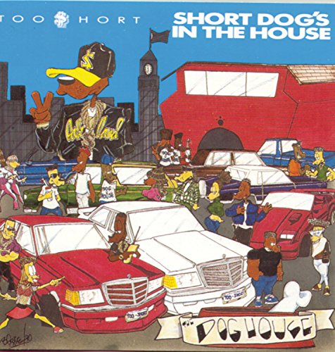 Cartoon album cover for Too Short’s “Short Dog’s in the House” with cars and people.
