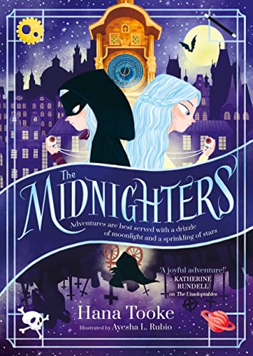 Book cover featuring two girls, a large clock, and a night cityscape background.