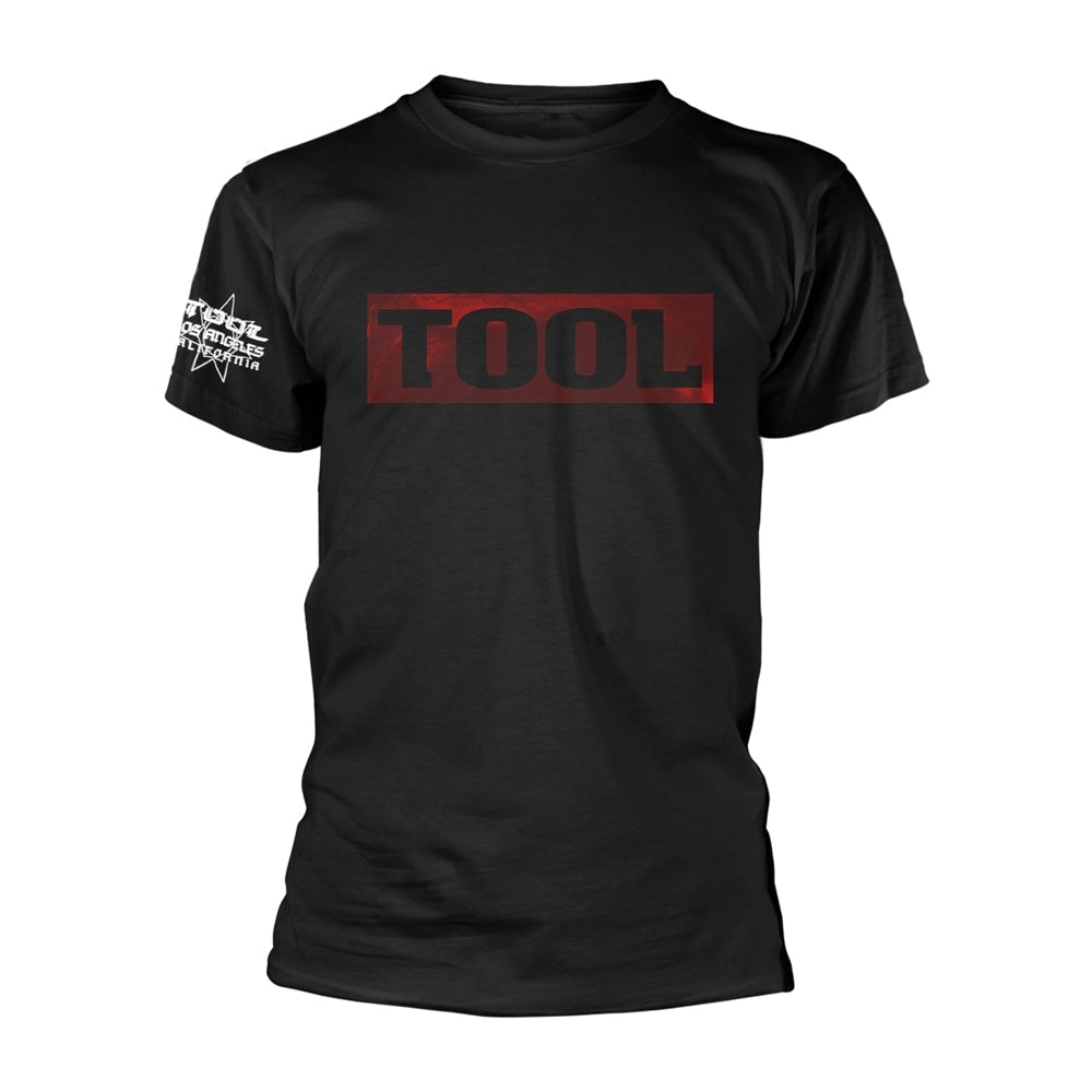 Black Tool band t-shirt with red "TOOL" logo and white design on sleeve.