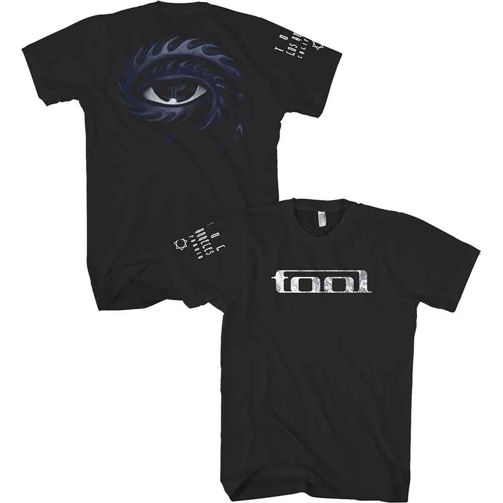 Black t-shirt with white distressed "TOOL" band logo centered on chest.