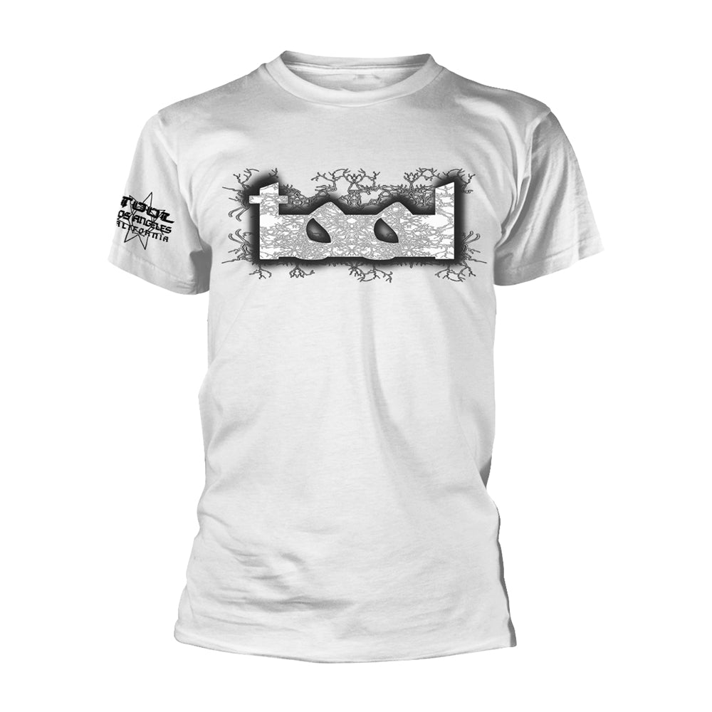 White t-shirt with a black and white Tool band logo graphic.