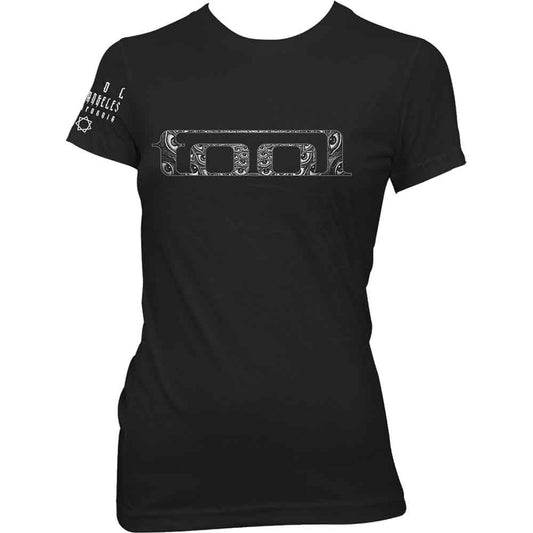 Black t-shirt with a silver Tool band logo centered on the chest.