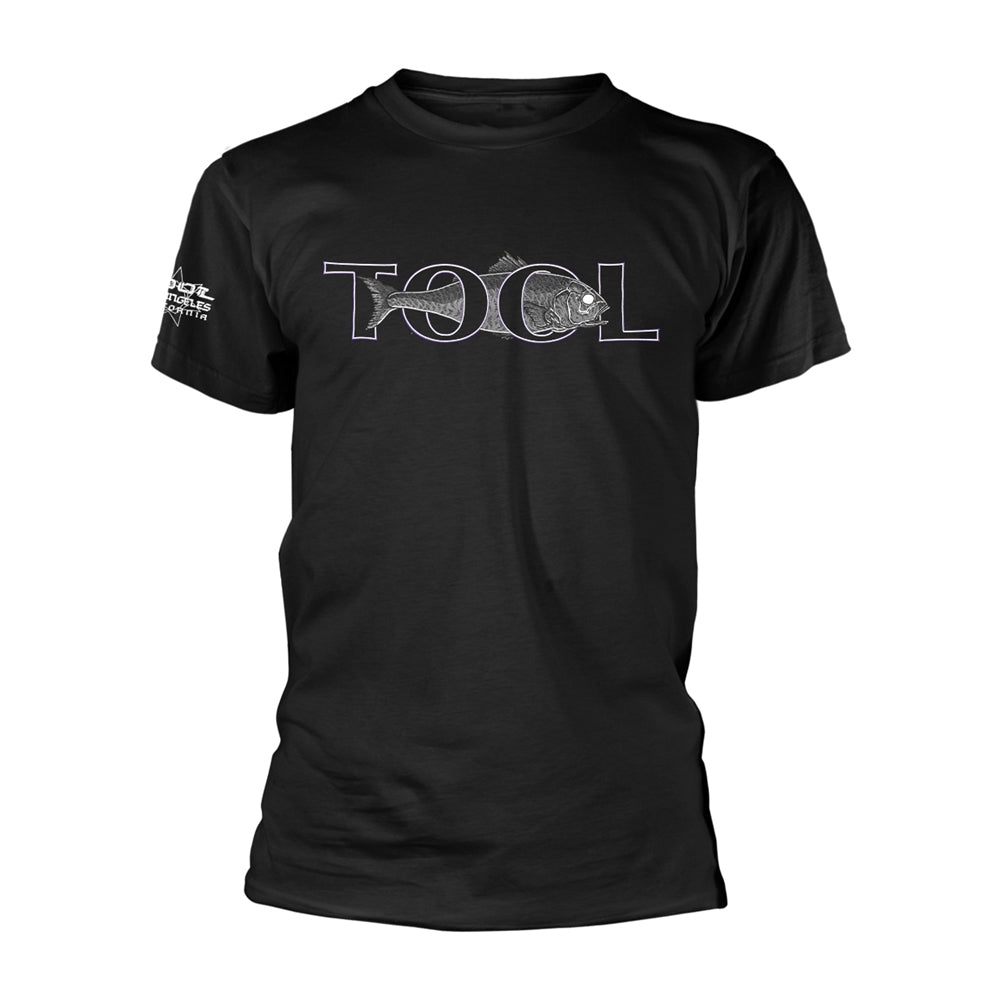 Black t-shirt with silver graphic of the band Tool and a fish.