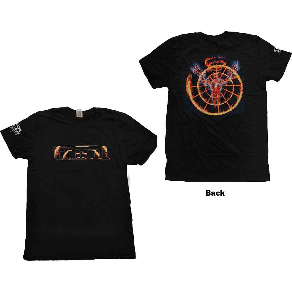 Black Tool band t-shirt with a flaming spiral logo design.