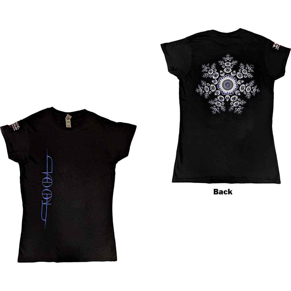 Black women's T-shirt featuring Tool All-Seeing Tour 2022 graphics on the front and back.