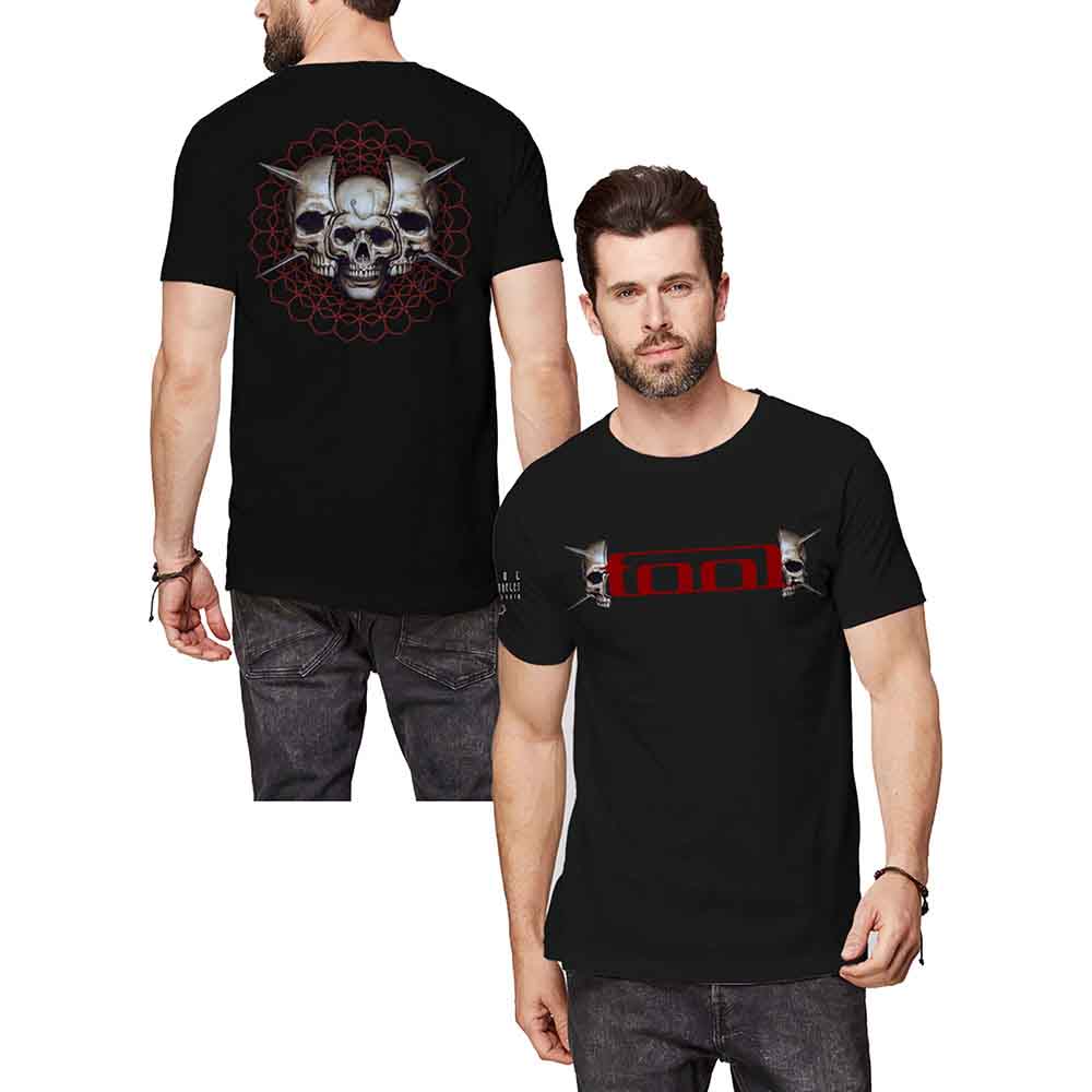 A woman wearing a black Tool band t-shirt with a red logo and skulls.
