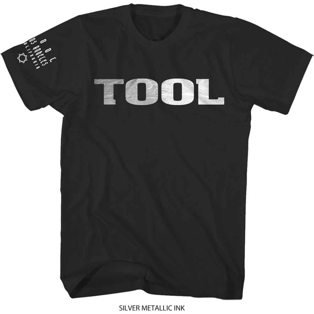 Black short-sleeve t-shirt with a metallic silver Tool logo on the chest.