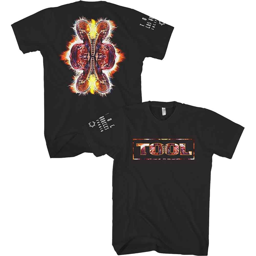 Black t-shirt with colorful parabola logo on the back and "TOOL" on front.
