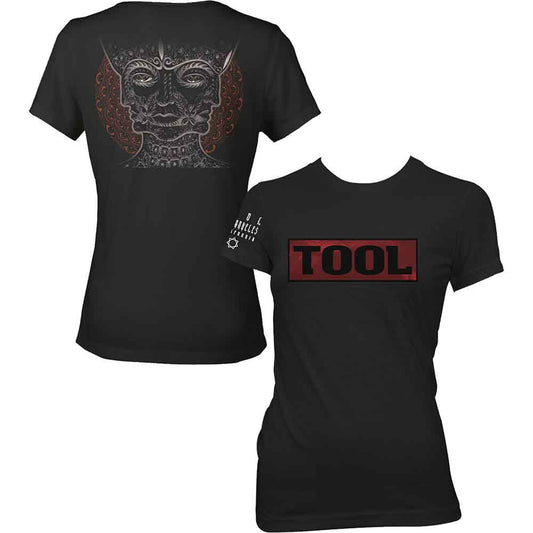 Black women's t-shirt with red "TOOL" logo in a shaded box.