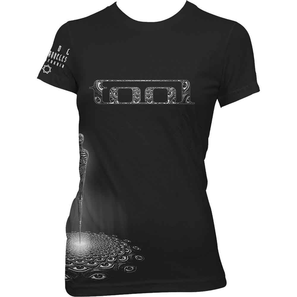 Black Tool babydoll t-shirt with band logo and peacock imagery.