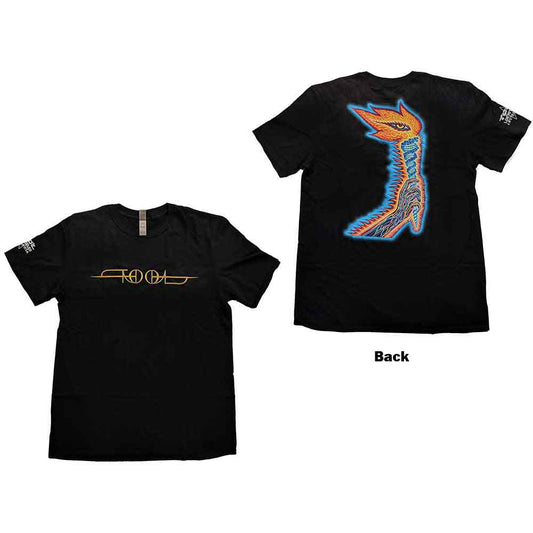 Black Tool band t-shirt with gold logo and text graphic.