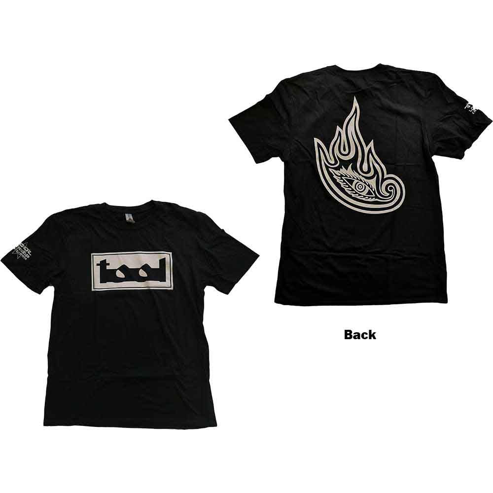 Black short-sleeved t-shirt with a white rectangular Tool logo on the chest.