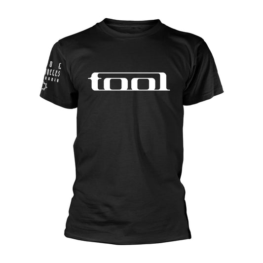 Black t-shirt with white "tool" logo and small design on sleeve.