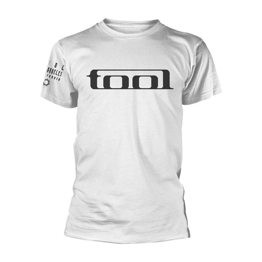 White t-shirt with black "tool" text and geometric design.
