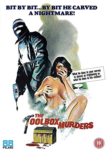 Horror movie poster: masked figure, distressed woman, toolbox with blood.