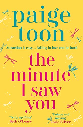Yellow book cover with pink title "The Minute I Saw You" and dragonflies.