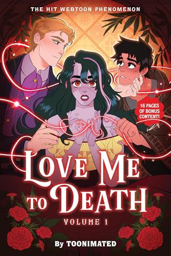 Book cover: three young people with red string connections, title "Love Me to Death".
