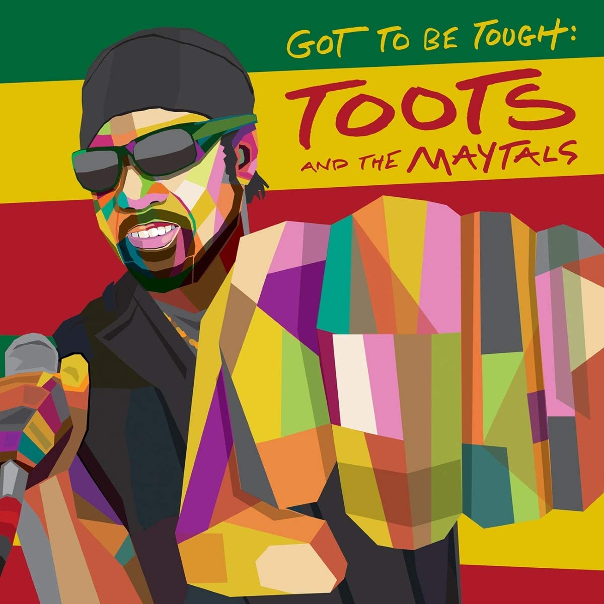 "Album cover featuring a man singing into a microphone with colorful geometric pattern."
