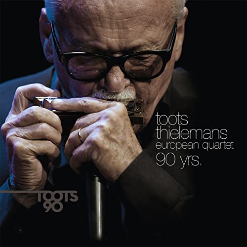 Toots Thielemans playing a harmonica, album cover for "90 yrs.