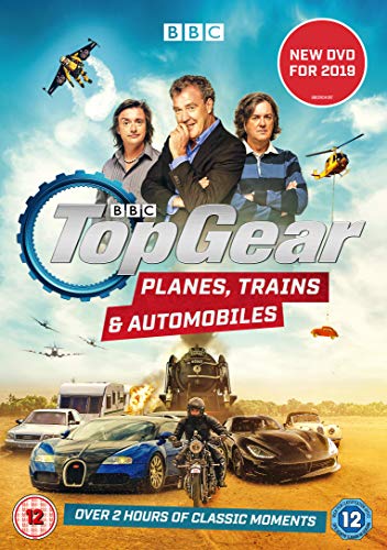 "Top Gear DVD cover featuring three hosts and various vehicles against a blue sky."
