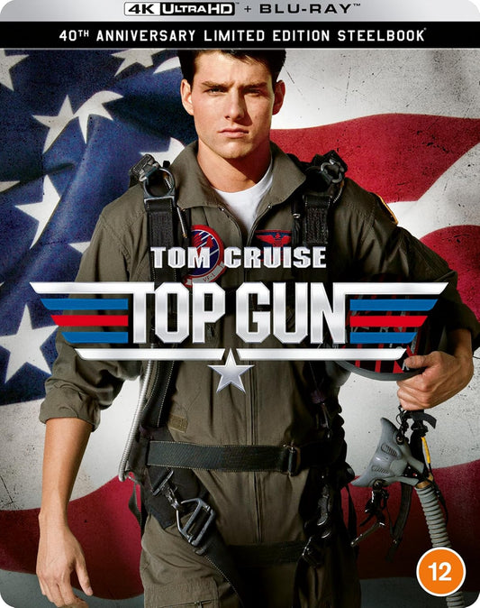 Tom Cruise in a flight suit against an American flag for Top Gun.