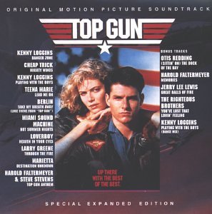 Top Gun soundtrack CD cover featuring Tom Cruise and Kelly McGillis with track listings.