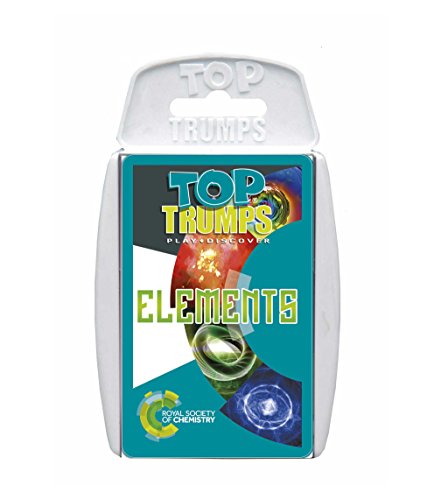 Top Trumps Elements card game in a white plastic case against a white background.