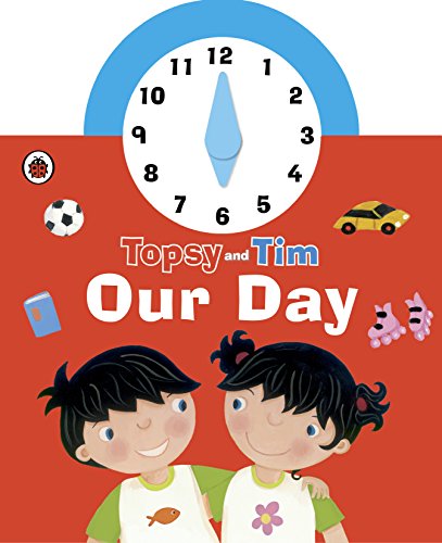 Book cover with a clock, two children, and toys, titled "Our Day.